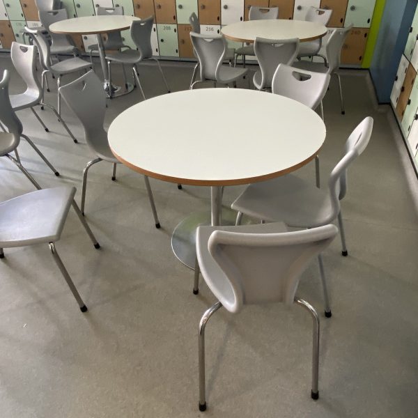 Round Canteen Tables In White With Grey Base