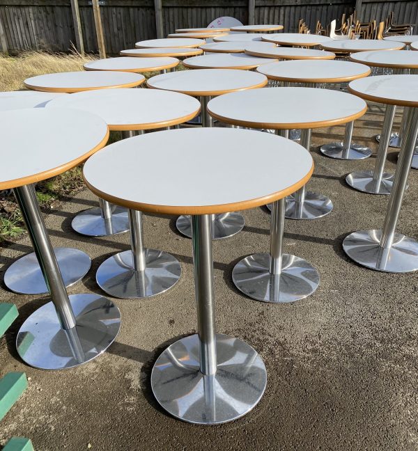 Round High Tables In White With Silver Base
